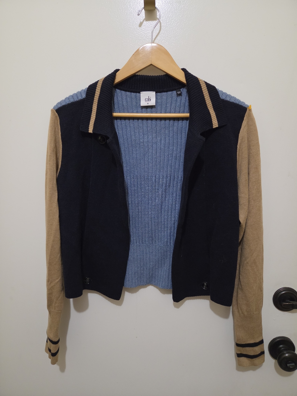 CAbi Colorblock Knit Cardigan - Blue, Navy & Tan